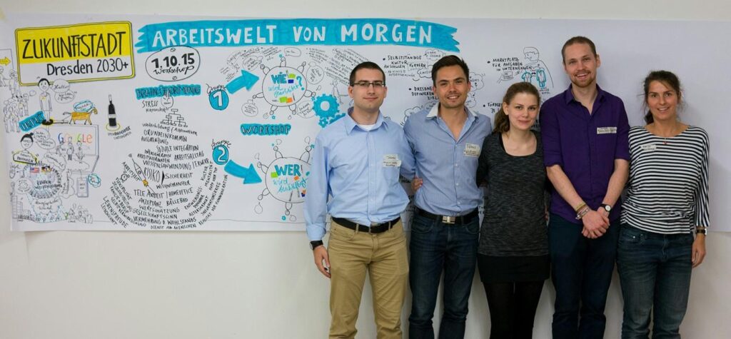 Teammitglieder von plant values beim Beteiligungsworkshop der Zukunftsstadt Dresden im Jahr 2015 