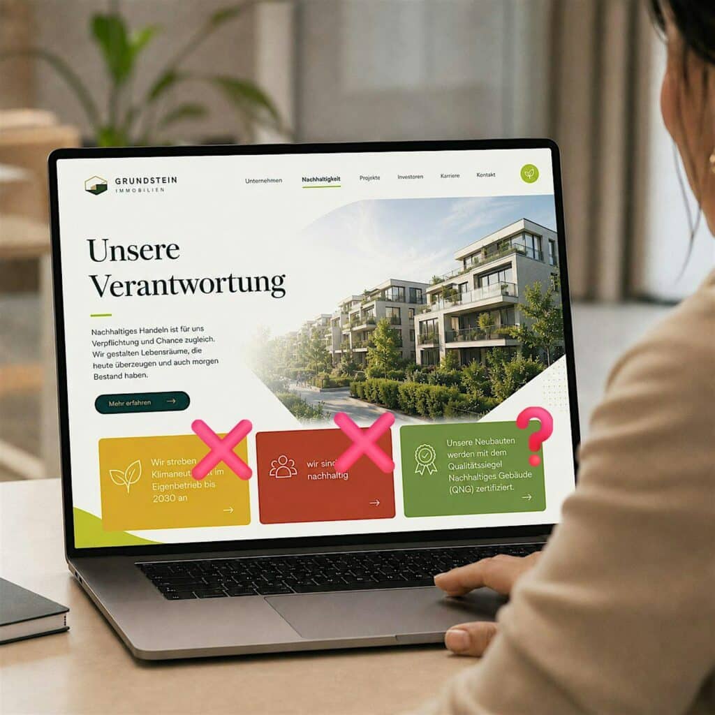 Offener Laptop, er zeigt verschiedene Umweltaussagen auf der Homepage - diese können EmpCo-relevant sein.